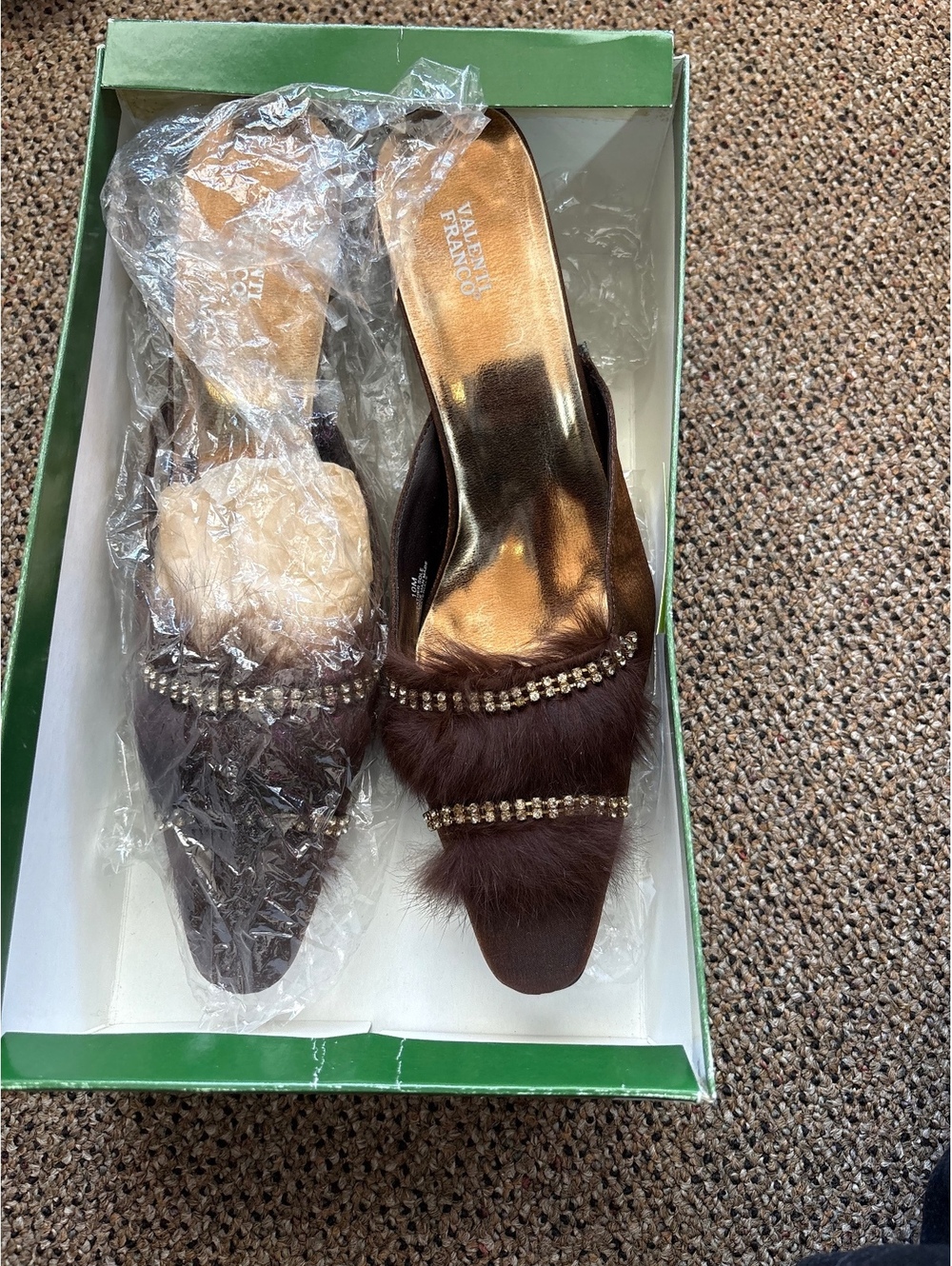 Valenti Franco Brown Fur and Rhinestone Slip-On Heeled Sandals